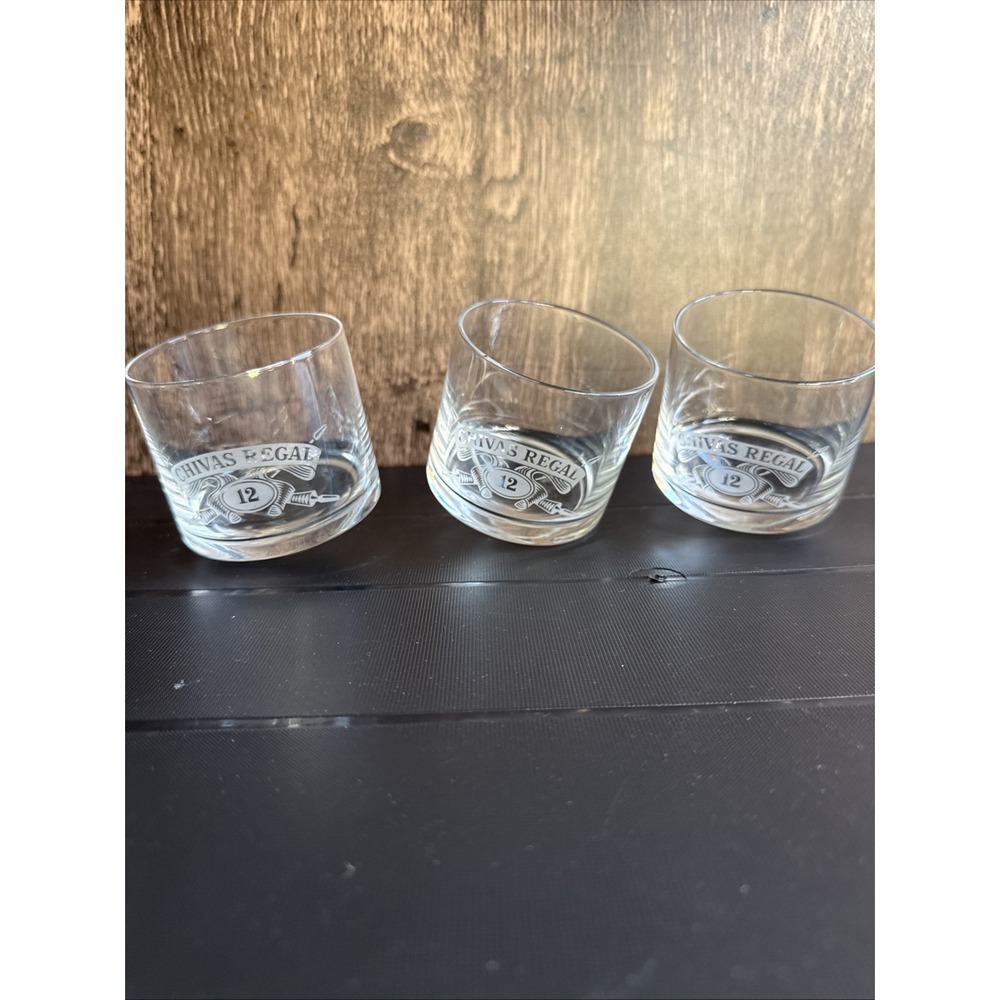 3 Chivas Regal Logo Aged 12 Years  Weighted Bottom Rocks Glasses Clear Glass Set